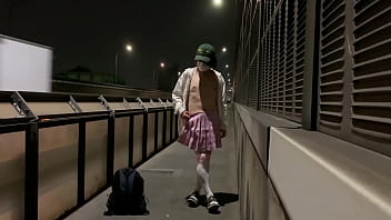 Preview 3 of Older4me Gay Videos - 女装子まゆちゃんがトラックがばんばん通る国道の横の歩道で全裸になって露出しながら大股開きする