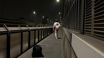 Preview 1 of Older4me Gay Videos - 女装子まゆちゃんがトラックがばんばん通る国道の横の歩道で全裸になって露出しながら大股開きする