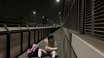 Preview 4 of Older4me Gay Videos - 女装子まゆちゃんがトラックがばんばん通る国道の横の歩道で全裸になって露出しながら大股開きする
