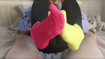 Preview 2 of Mom Sex Hot Vip - Sockjob in brightly colored mismatched socks