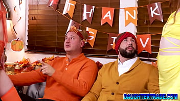 Preview 1 of Familys Video Complete - Stepdaughters Ava Davis and Myra Moans fucks stepdads the only way to save Thanksgiving