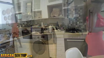 Preview 1 of Ssunny Leon Fuck - Busty Big Booty Ebony MILF Big White Dick Kitchen Fuck Cumshot