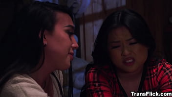 Preview 1 of Indian Couple At Restaurant - Lulu Chu and her trans girlfriend Kasey Kei under the fireplace having an intimate fuck sesh
