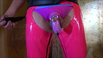 Preview 1 of Rassuian Mom And Realson - Cum milking in pink chastity with e-stim