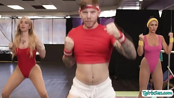 Preview 1 of Hot Sporn - Blonde trans babe gives her yoga partner a pussy pounding from behind
