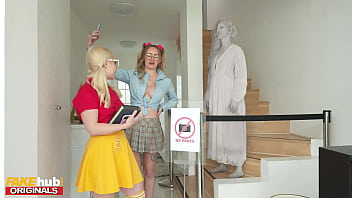 Preview 1 of Sex Vdeoi Hd - FAKEhub - Lesbian threesome as statue comes alive and strap-on fucks two college girls to a creampie