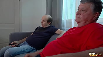 Preview 1 of Thief Force Xxx - Young brunette showing 2 grandpas a good time with a hot footjob and cumshot on her pussy