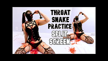 Preview 4 of 48 Years Women - Red puke from Deep throat practice - Split Screen