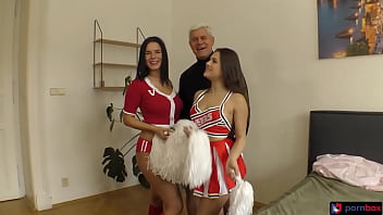 Preview 1 of Man Clitoris - Bubble butt cheerleaders foursome with old frat guys