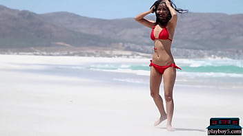 Preview 1 of Teacher Xxxvede - Petite Asian MILF model Chloe Rose gives a bikini striptease on the beach