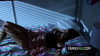 Preview 1 of Stepmother Family Sex - Cute teen step sister Violet Rain wakes up her step brother and begs him to have sex with him