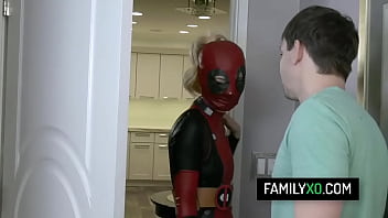 Preview 2 of School Teen Forcedsex - Sexy blonde step sister Bella Rose dressed in Deadpool costume fucks with her nerd step brother