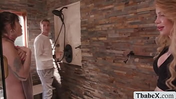 Preview 1 of Nusyuz Viagra Anal - Two busty shemales gets analed by lucky plumber