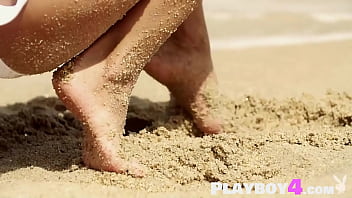 Preview 2 of Grannies Boobs Massage Therapy - Cute blonde MILF Cara Mell psoing on the beach and revealed perfect tits