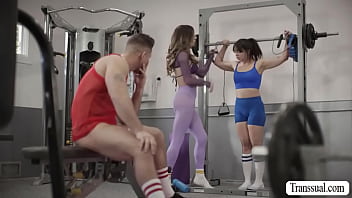 Preview 2 of Yuga Beeg - Busty Trans suck and ride gym instructors cock