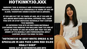 Preview 1 of Maria Clara Paisa - Hotkinkyjo in sexy white dress &amp_ XO speculum in ass fuck long red dildo really deep