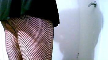 Preview 3 of Xarap Porn - Chubby Virgin Sissy Ass Swallows Small Double Ended Dildo Wearing Fishnets and A Mini Skirt