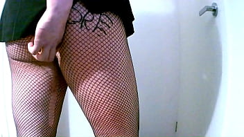 Preview 4 of Xarap Porn - Chubby Virgin Sissy Ass Swallows Small Double Ended Dildo Wearing Fishnets and A Mini Skirt