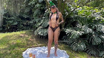 Preview 1 of Tailor Fucking Girl - Celebrating St. Patrick&#039_s Day with you,  a delicious beer,  a plug up my ass and the outside glowing green.