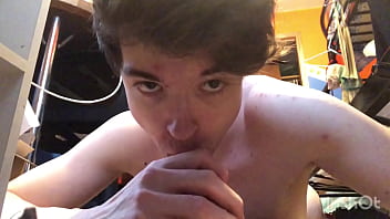 Preview 2 of Hand Held - Horny Twink Niko. Springs Sucks on Big Dildo