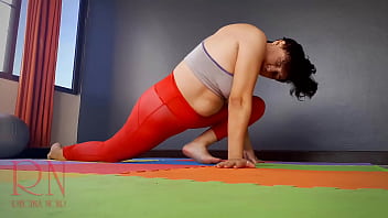 Preview 2 of Fat Girl Twing Naked - Regina Noir. A woman in yoga leotards practices yoga in the gym. Transparent red leotard yoga. Pantyhose C1