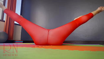 Preview 3 of Fat Girl Twing Naked - Regina Noir. A woman in yoga leotards practices yoga in the gym. Transparent red leotard yoga. Pantyhose C1
