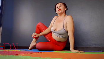 Preview 1 of Fat Girl Twing Naked - Regina Noir. A woman in yoga leotards practices yoga in the gym. Transparent red leotard yoga. Pantyhose C1