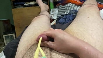 Preview 3 of Teens Acrylic - Me jerking my parTied up cock with a catheter in