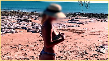 Preview 2 of Cock And Ball Rope Bondage - WIfey flashing her tits at the beach