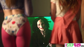 Preview 1 of Hijab Nyepong Indo - Stuck in a room with teen stepsister and her hot BFF during Halloween