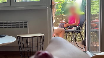 Preview 3 of Femdom Human Dog Training - My husband is jerking off and cum in front of my stepmom a while we talk on balcony.