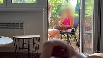 Preview 4 of Femdom Human Dog Training - My husband is jerking off and cum in front of my stepmom a while we talk on balcony.