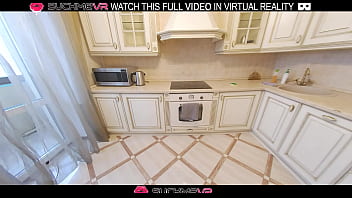 Preview 3 of Saxcy Videos - Brunette maid Elise Moon gets fucked hard in the kitchen in VR.