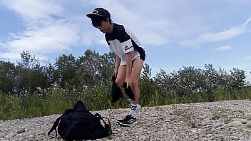 Preview 1 of Iowa Coeds - Cute twink Jon Arteen wears black Adidas outfit,  shows his underwear,  walks freeballing,  jerking off throught his short shorts,  cumming outdoor