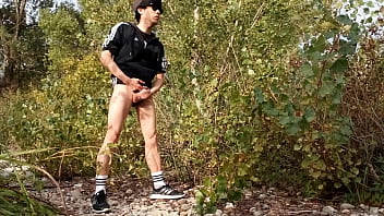 Preview 4 of Iowa Coeds - Cute twink Jon Arteen wears black Adidas outfit,  shows his underwear,  walks freeballing,  jerking off throught his short shorts,  cumming outdoor