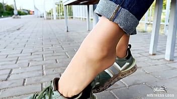 Preview 1 of Fuk Sweet - Tan Nylon Soles With Blue Jeans Teasing On The Bench