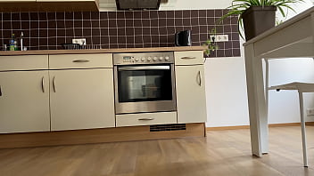 Preview 1 of Dad Fux Daughrer - Lustful Stepmother-in-law fucked herself in the kitchen and made her son-in-law cum on her skirt
