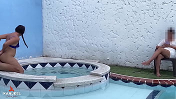 Preview 2 of Saggy Tits Anal Dp - FUCK A STRANGER IN FRONT OF THE POOL ATTENDANT,  HOW RICH FEELS BEING WATCHED WHILE FUCKING - VOYEUR