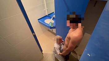 Preview 4 of Dad Gay Bare - I surprise the gym cleaning girl who when she comes in to clean the toilet she catches me jerking off and helps me finish cumming with a blowjob