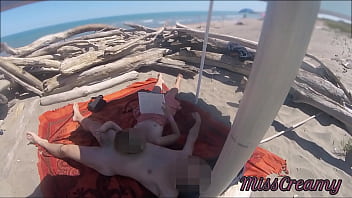Preview 2 of English Xvdeo Movi - Exhibitionist Teacher Outdoor Amateur Milf Handjob Big Cock on Nudity Beach public in front of voyeur with cum P1 - MissCreamy