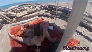 Preview 3 of English Xvdeo Movi - Exhibitionist Teacher Outdoor Amateur Milf Handjob Big Cock on Nudity Beach public in front of voyeur with cum P1 - MissCreamy