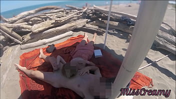 Preview 4 of English Xvdeo Movi - Exhibitionist Teacher Outdoor Amateur Milf Handjob Big Cock on Nudity Beach public in front of voyeur with cum P1 - MissCreamy