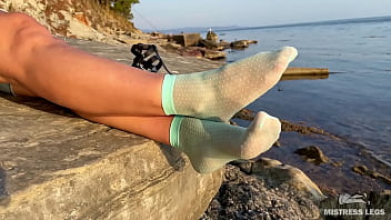 Preview 3 of Big Tg - Outdoor Soles Tease In Cute Turquoise Nylon Socks