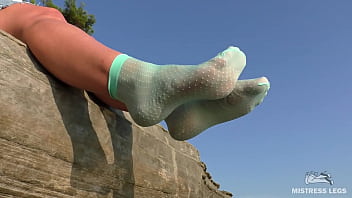 Preview 1 of Big Tg - Outdoor Soles Tease In Cute Turquoise Nylon Socks