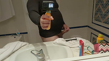 Preview 1 of Naked She Hulk - Big belly guy in spandex shirt jerking off infront of mirror cumming on the floor
