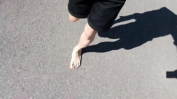 Preview 2 of Sexx Kho - Jon Arteen walks barefoot on the street outdoors,  the boy is barefoot in the crowded tram to the town center