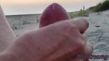 Preview 4 of Marian Kem - French teacher amateur handjob on public beach with cumshot Extreme sex in front of strangers - MissCreamy
