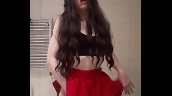 Preview 2 of Xxc Df Vibo - ladybird1468 - Horny Femboy transvestite in red miniskirt strips and masturbates