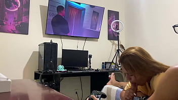 Preview 2 of Condom Desi Sex Hind - Sucking Him while he plays video game