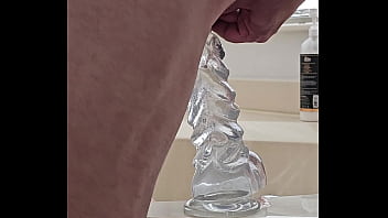 Preview 1 of Japanese Prom Teen Movie - Pumping my cock and balls while sliding on a seven head clear dildo
